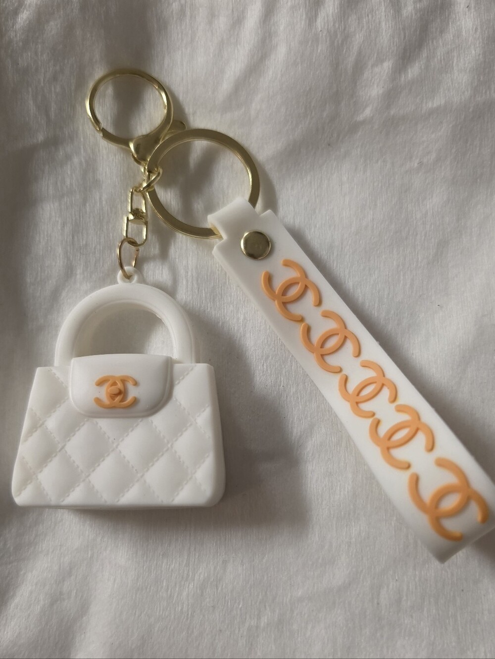 White Mini Fashion Bag Keychain & Bag Charm with Peach CC Logo Accent
